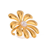 Anello a Fiore Dorato con Perla Centrale - Golden Blossom